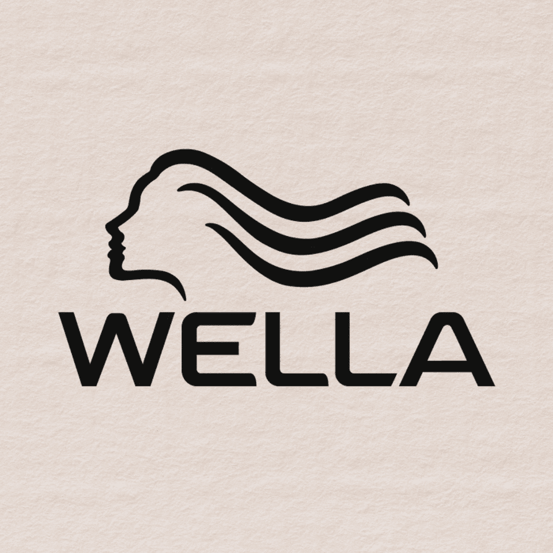 Wella logo: Silhouette of a woman's head with flowing hair above the text "Wella".