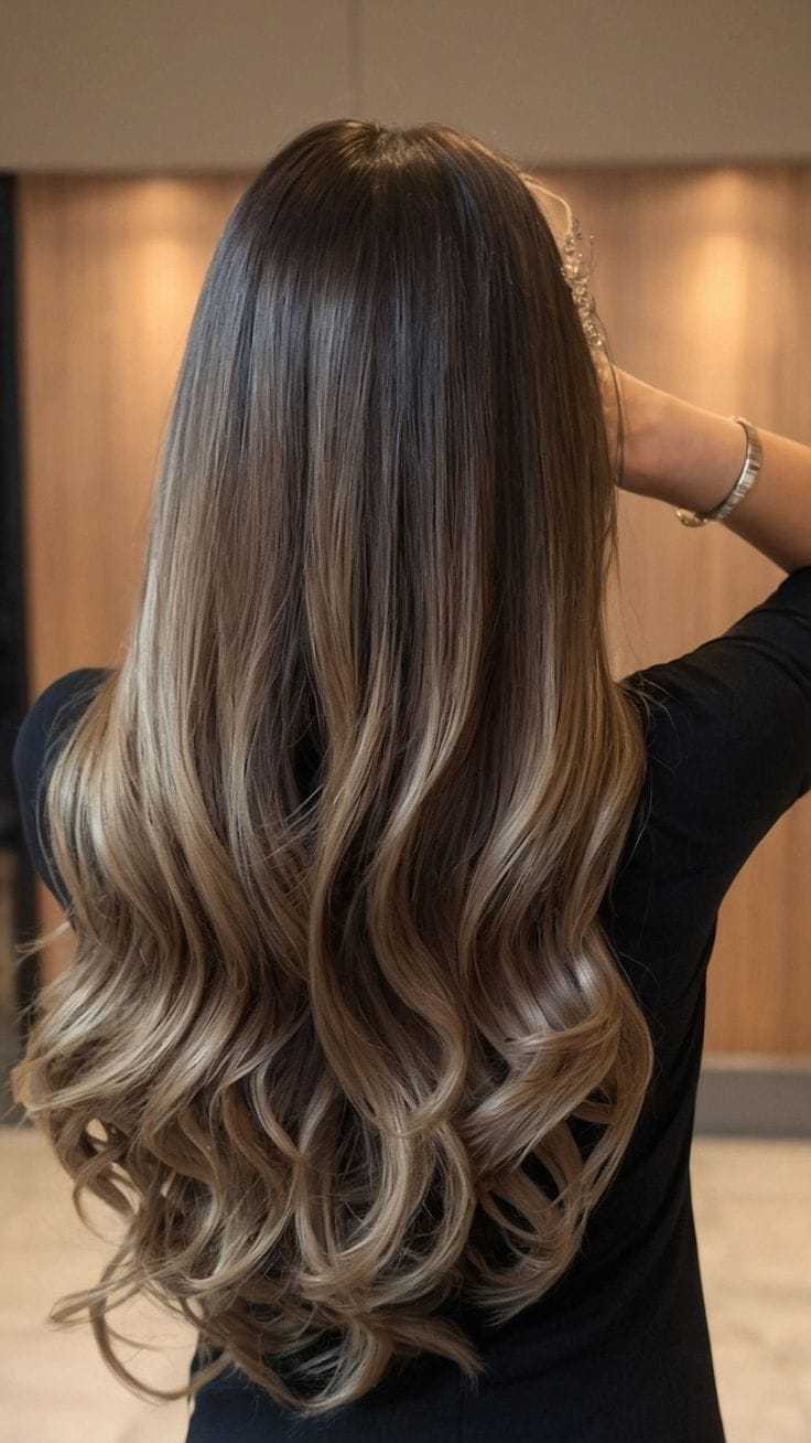 Long, wavy brunette hair with soft blonde highlights cascading down a person's back.