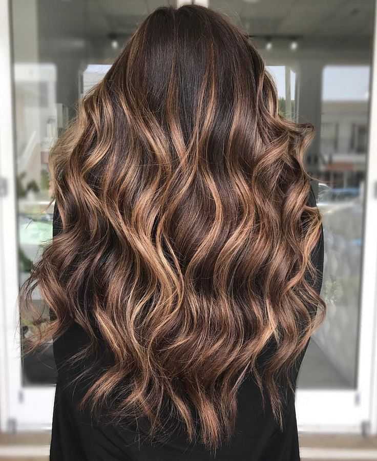 Woman with long wavy brown hair with caramel highlights, photographed from the back.